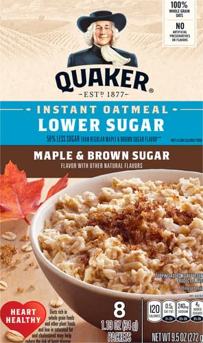 Quaker Instant Oatmeal - Lower Sugar Maple & Brown Sugar, Heart Healthy, 100% Whole Grains, No Artificial Preservatives or Flavors, 8 Packets, 9.5oz Box