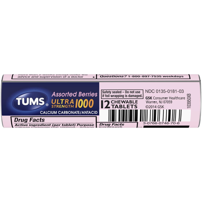 TUMS Ultra Strength Chewable Antacid Tablets for Heartburn Relief and Acid Indigestion Relief, Assorted Berries