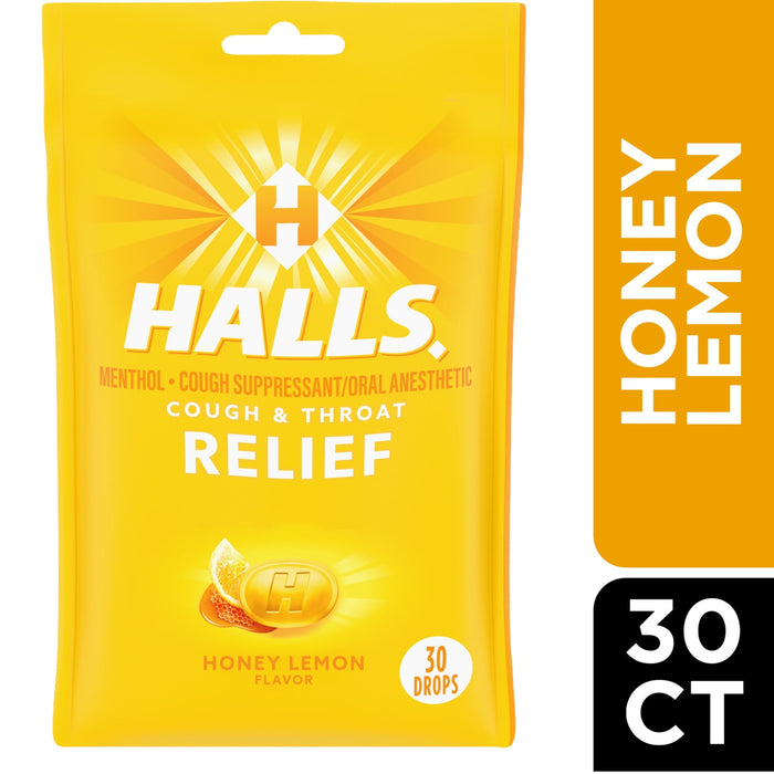 HALLS Relief Honey Lemon Flavor Cough Drops, 1 Bag (30 Total Drops)