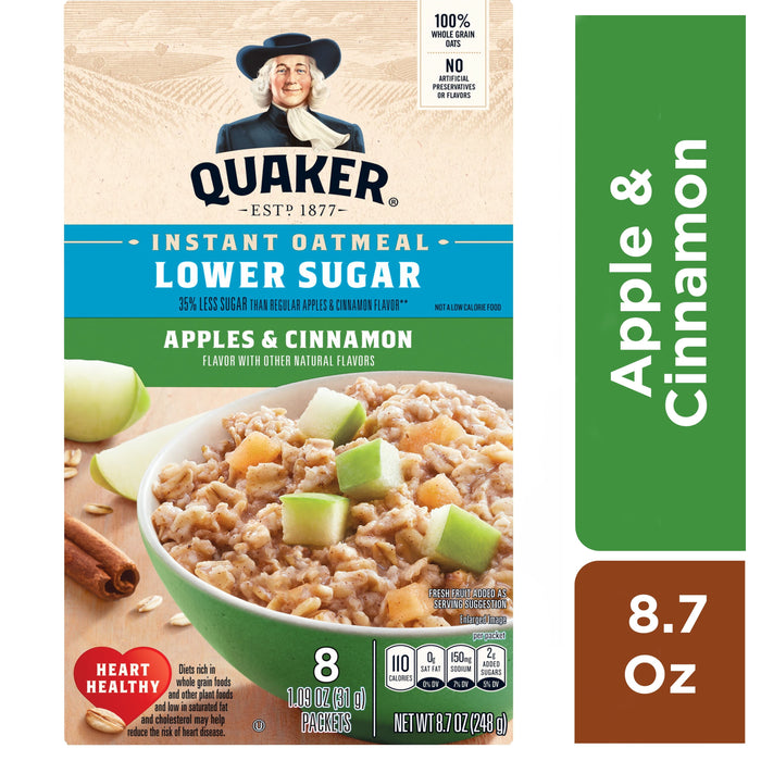 Quaker Instant Oatmeal Apple Cinnamon, Lower Sugar, 8 Count