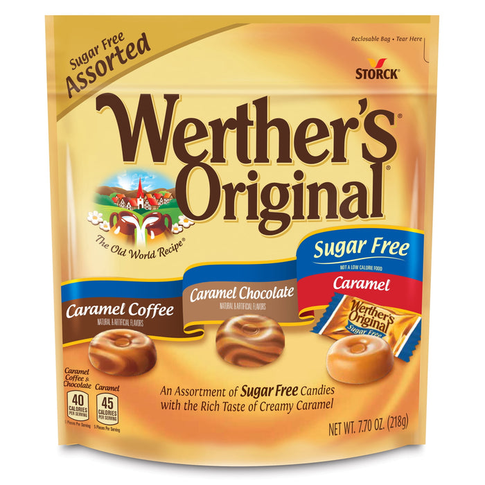 Werther's Original Sugar Free Assorted Flavors - Caramel, Caramel Chocolate, and Caramel Coffee, Rich Taste, Creamy Caramel Hard Candies, Individually Wrapped 7.7 oz