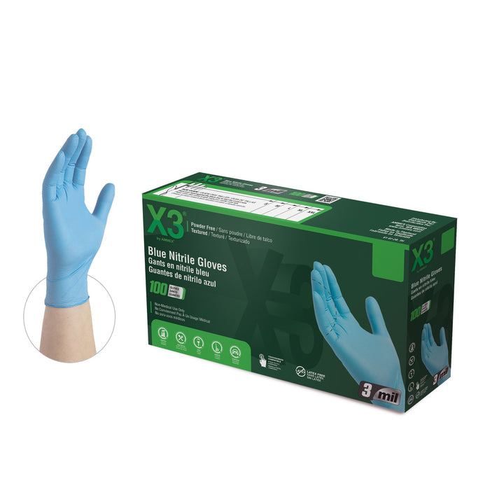 X3 Industrial Blue Nitrile Gloves, Box of 100, 3 Mil, Size Medium, Latex Free, Powder Free, Textured, Disposable, Non-Sterile, Food Safe
