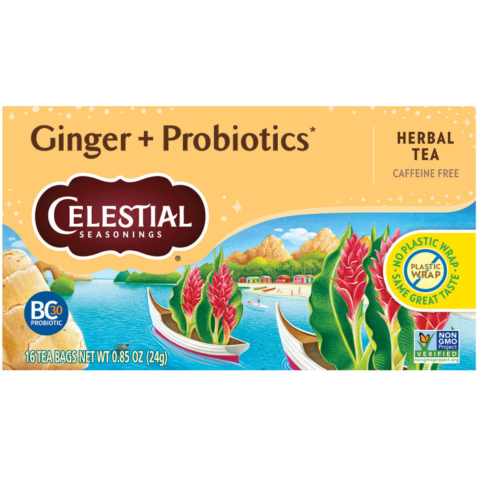 Celestial Seasonings Ginger + Probiotics Herbal Tea Bags, Caffeine Free, 20 Count