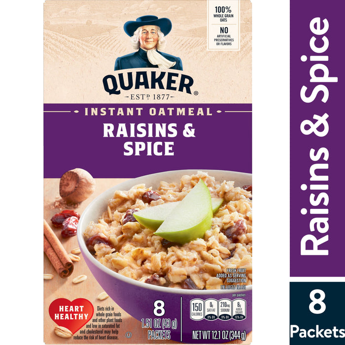 Quaker Instant Oatmeal, Raisins & Spice, 1.51oz Packets (8 Pack)