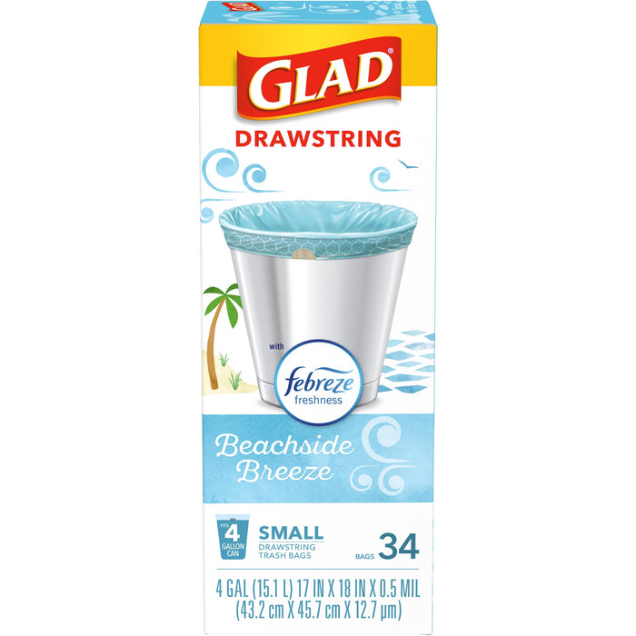 Glad OdorShield Small Drawstring Trash Bags - Febreze Beachside Breeze 4 Gallon - 34 Count