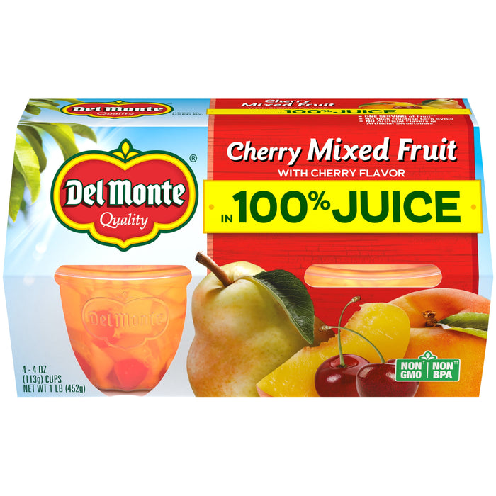 Del Monte Cherry Mixed Fruit In Juice, Cherry Flavor, 4 Oz, 4 Ct