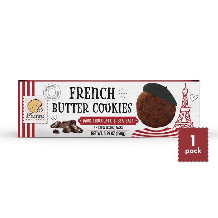 Pierre Biscuiterie French Butter Cookies with Dark Chocolate & Sea Salt, Pure Butter, Premium Dark Chocolate, A Decadent Blend of Sweetness and Savory Delight, Non-GMO, Anytime Snack 5.29 oz