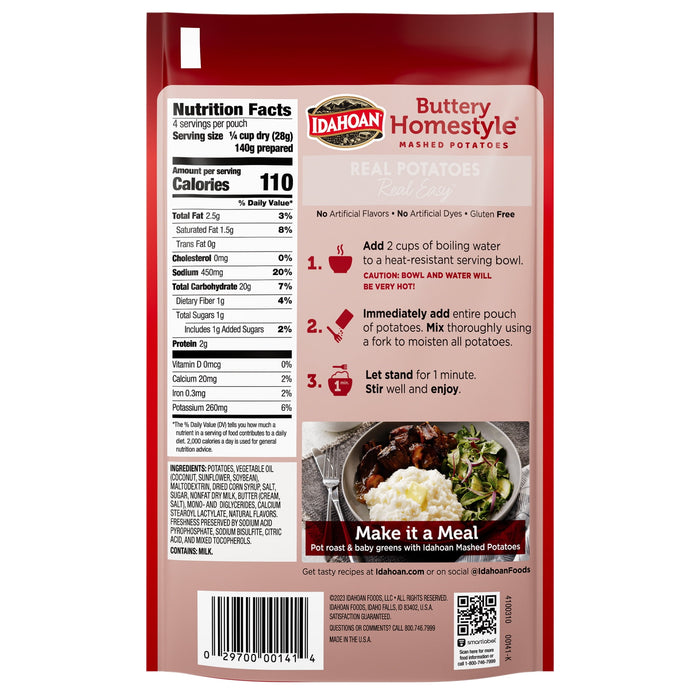 Idahoan Mashed Potatoes - Buttery Homestyle, 100% Real Idaho Potatoes, Gluten Free 4 oz Pouch