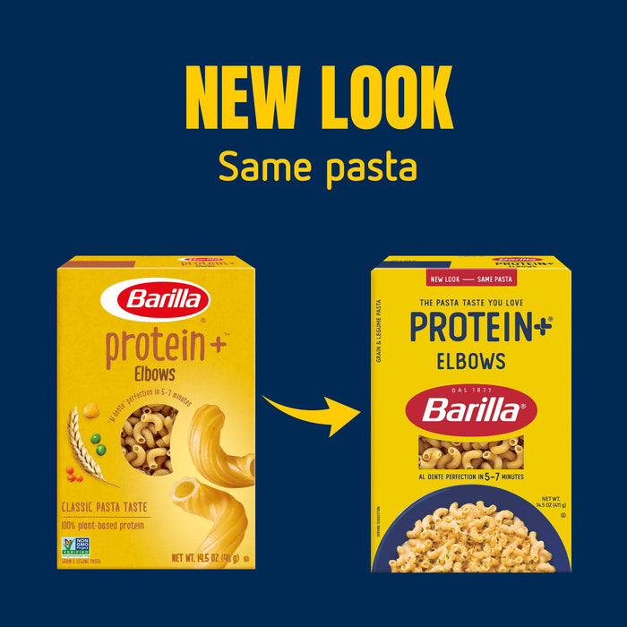 BARILLA Protein+ (Plus) Elbows Pasta - Protein from Lentils, Chickpeas & Peas - Good Source of Plant-Based Protein - Protein Pasta - Non-GMO - Kosher Certified - 14.5 Ounce Box (7 Servings per Box)