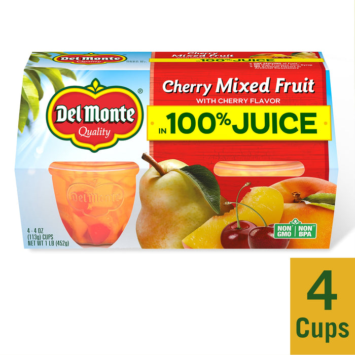 Del Monte Cherry Mixed Fruit In Juice, Cherry Flavor, 4 Oz, 4 Ct