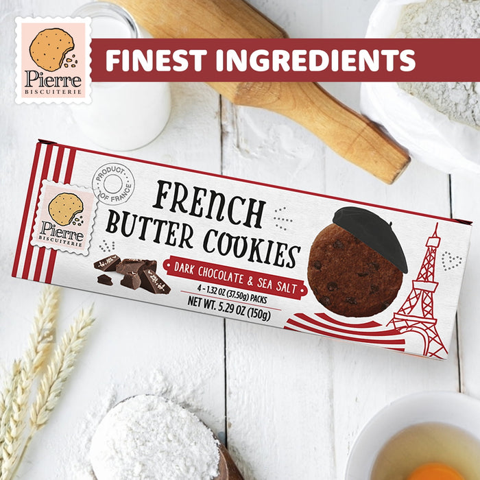 Pierre Biscuiterie French Butter Cookies with Dark Chocolate & Sea Salt, Pure Butter, Premium Dark Chocolate, A Decadent Blend of Sweetness and Savory Delight, Non-GMO, Anytime Snack 5.29 oz