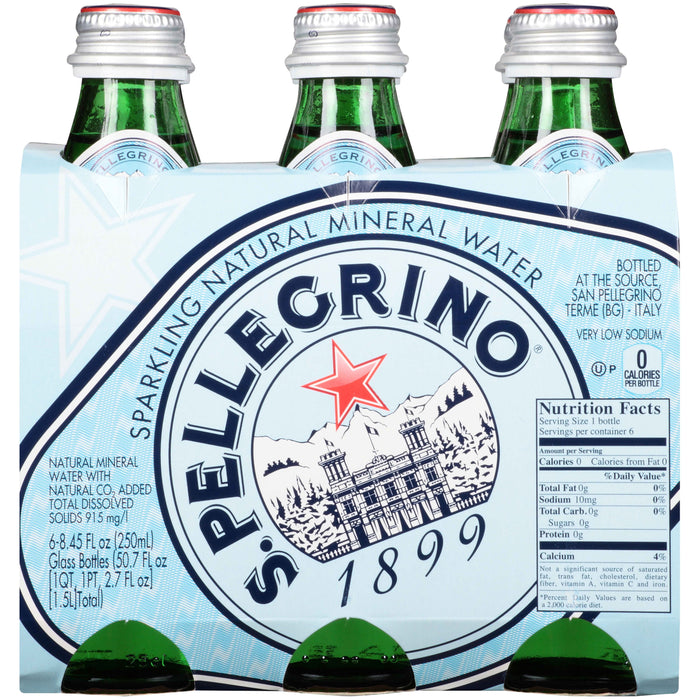 San Pellegrino Sparkling Natural Mineral Water, 8.45oz Glass Bottle - Pack of 6 (50.7 fl oz in total)