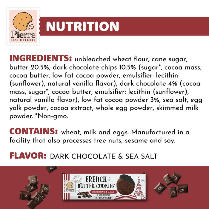 Pierre Biscuiterie French Butter Cookies with Dark Chocolate & Sea Salt, Pure Butter, Premium Dark Chocolate, A Decadent Blend of Sweetness and Savory Delight, Non-GMO, Anytime Snack 5.29 oz