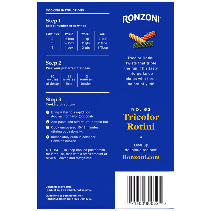 Ronzoni Tricolor Rotini Pasta Enriched Macaroni 12 Oz.