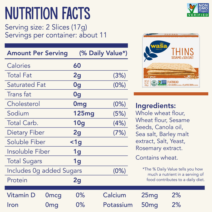 Wa-sa Sesame And Sea Salt Crispbread Thins, Whole Grain, Non GMO Ingredients, Swedish Style 6.7 oz