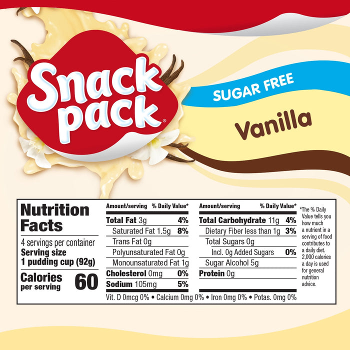 Snack Pack Pie Pudding Cups, Vanilla Sugar Free, (4 Count of 3.25 oz Cups) 13 oz