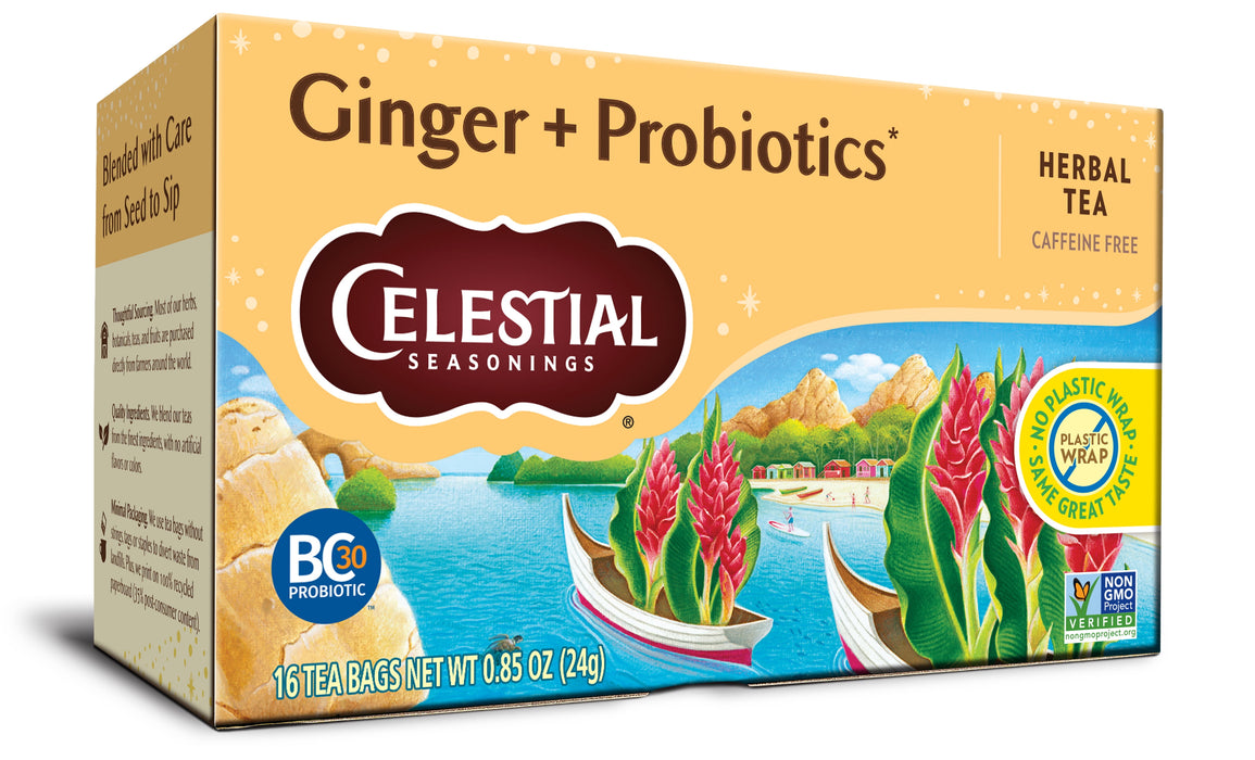 Celestial Seasonings Ginger + Probiotics Herbal Tea Bags, Caffeine Free, 20 Count