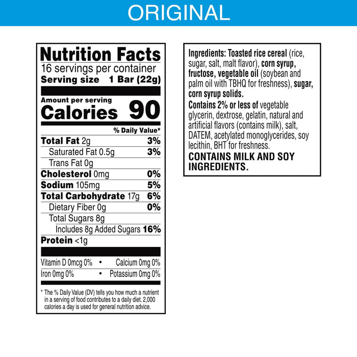 Rice Krispies Treats Marshmallow Snack Bars, Kids Snacks, School Lunch, Value Pack, Original, 12.4oz Box (16 Bars)