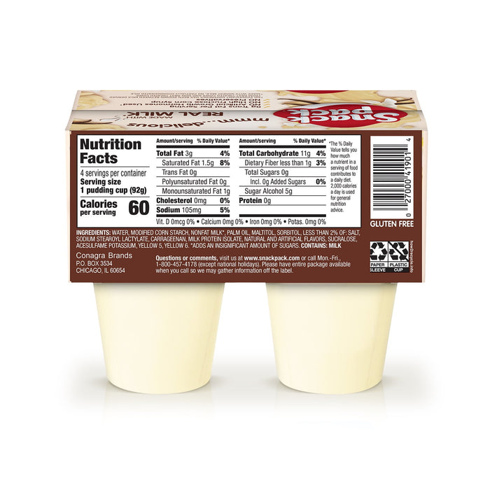 Snack Pack Pie Pudding Cups, Vanilla Sugar Free, (4 Count of 3.25 oz Cups) 13 oz