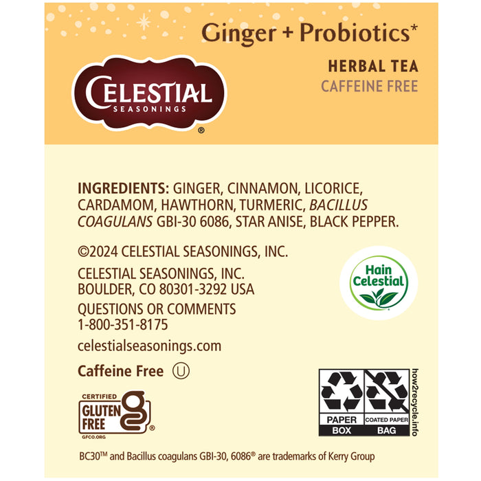 Celestial Seasonings Ginger + Probiotics Herbal Tea Bags, Caffeine Free, 20 Count