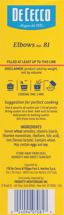 De Cecco Pasta, Elbows Pasta, 16 oz