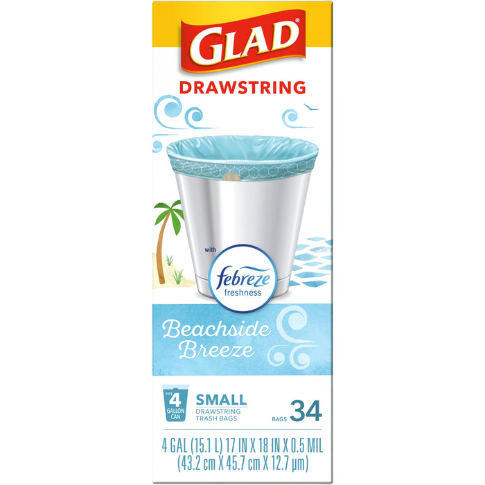 Glad OdorShield Small Drawstring Trash Bags - Febreze Beachside Breeze 4 Gallon - 34 Count