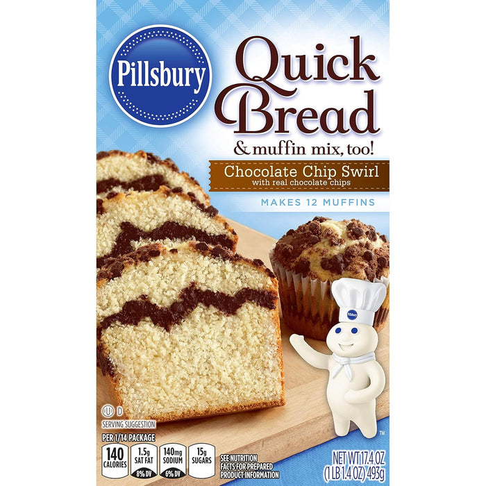 Pillsbury Chocolate Chip Swirl Quick Bread & Muffin Mix, Real chocolate chips, Convenient Mix, Easy Preparation, Just add water, oil and eggs, Family-Friendly 17.4oz