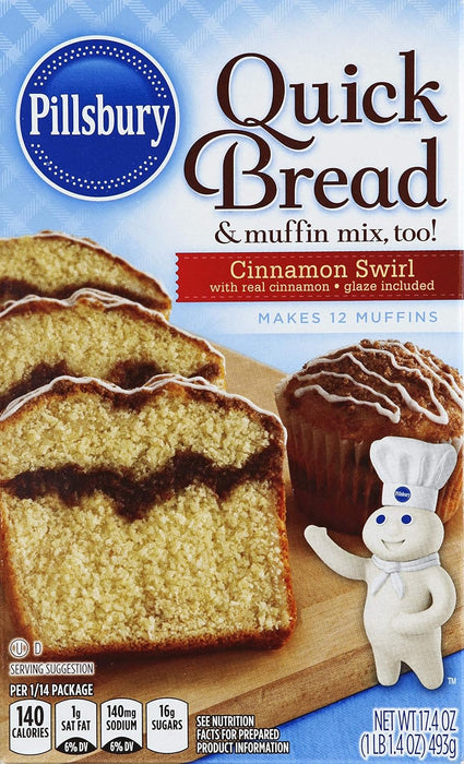 Pillsbury Quick Bread - Cinnamon Swirl Bread and Muffin Baking Mix, With real cinnamon, Kosher, Glaze included, Cholesterol-free, Easy to make 17.4oz Box