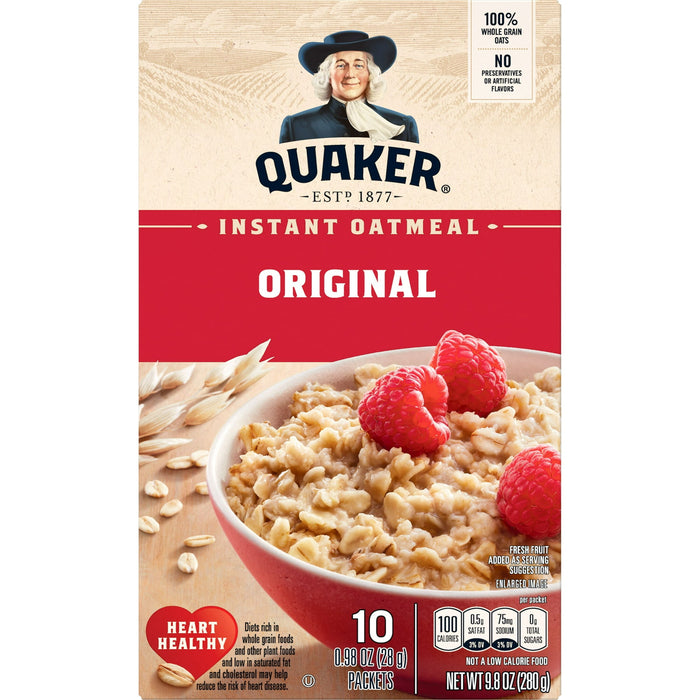 Quaker Instant Oatmeal, Original, Heart Healthy, 100% Whole Grains, No Artificial Preservatives or Flavors, Quick Cook Ready-to-Microwave Oatmeal 10 Packets, 9.8 oz Box