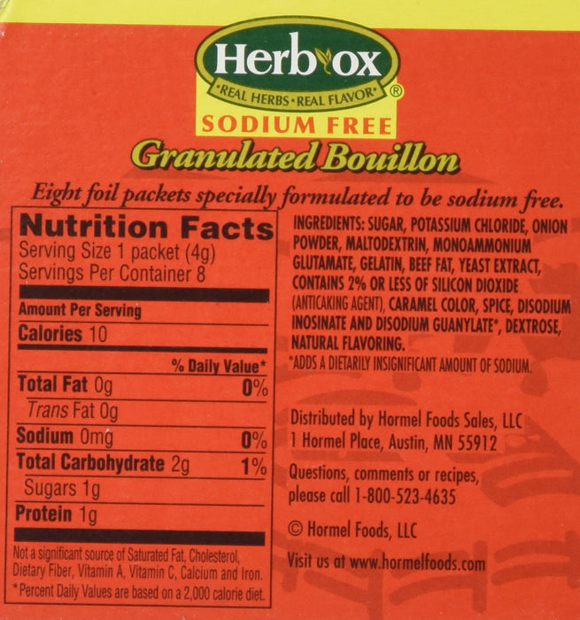 Herb-Ox Bouillon Packets Beef Instant Broth & Seasoning Sodium Free 1.1 oz Box (Gluten Free)