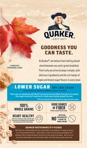 Quaker Instant Oatmeal - Lower Sugar Maple & Brown Sugar, Heart Healthy, 100% Whole Grains, No Artificial Preservatives or Flavors, 8 Packets, 9.5oz Box