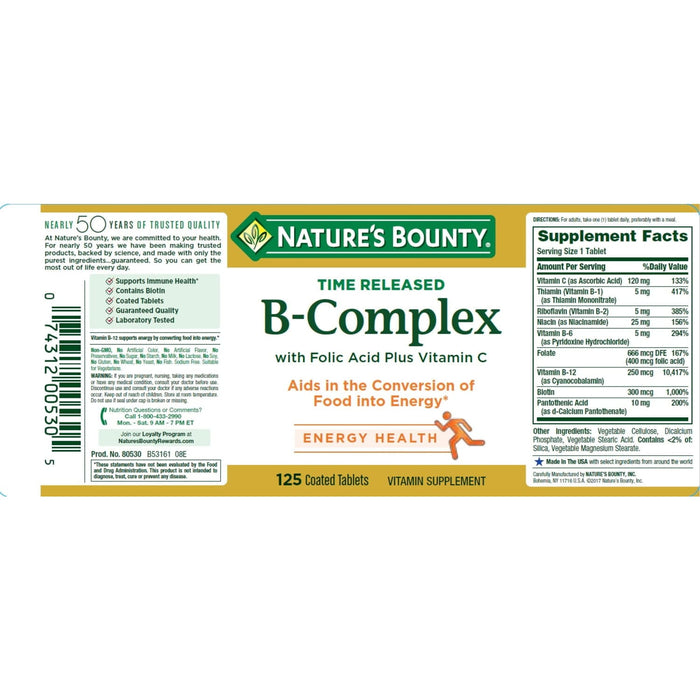 Nature's Bounty B-Complex with Vitamin C Time Released Coated Tablets, 125 Ct