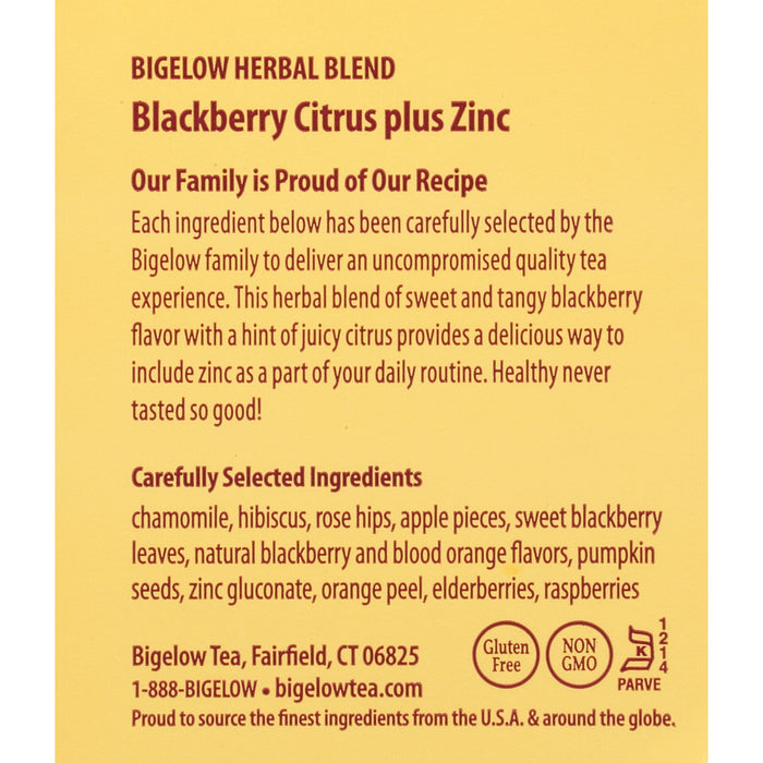 Bigelow Blackberry Citrus Plus Zinc Caffeine Free Herbal Tea Bags 18 Count