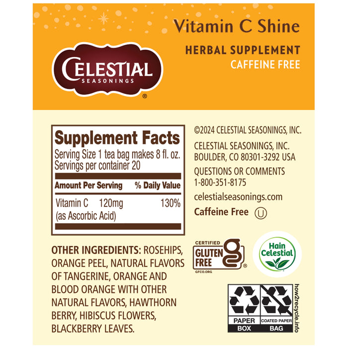 Celestial Seasonings Shine Vitamin C Supplement Herbal Tea Bags 20 Count