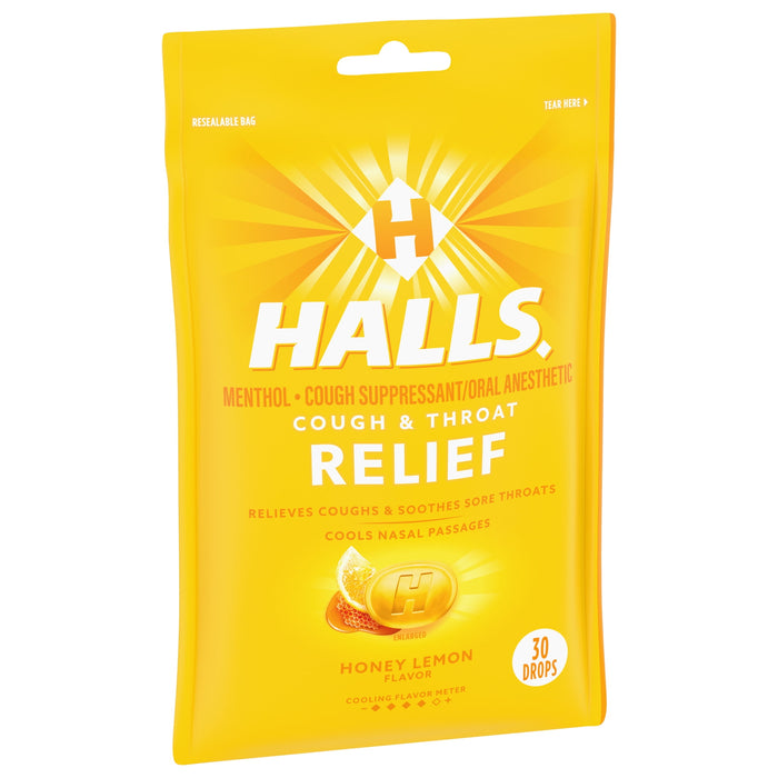 HALLS Relief Honey Lemon Flavor Cough Drops, 1 Bag (30 Total Drops)