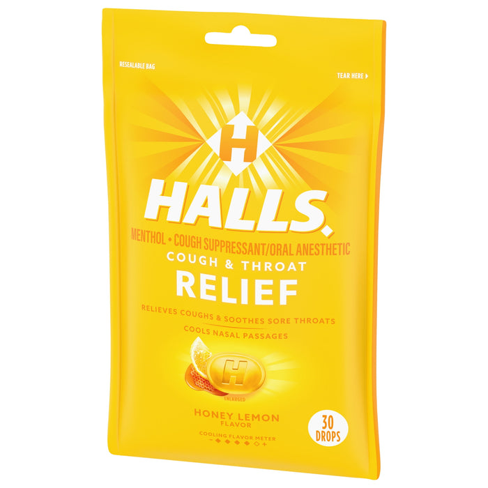 HALLS Relief Honey Lemon Flavor Cough Drops, 1 Bag (30 Total Drops)