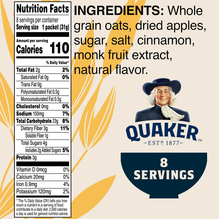 Quaker Instant Oatmeal Apple Cinnamon, Lower Sugar, 8 Count