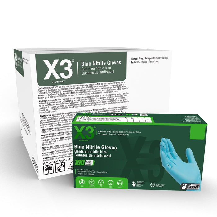 X3 Industrial Blue Nitrile Gloves, Box of 100, 3 Mil, Size Medium, Latex Free, Powder Free, Textured, Disposable, Non-Sterile, Food Safe
