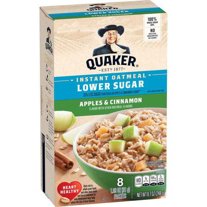 Quaker Instant Oatmeal Apple Cinnamon, Lower Sugar, 8 Count